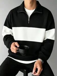 Men's Half-Zip Stand Collar Sweatshirt, Colorblock Stripes, Loose Fit Pullover, Casual Streetwear Top