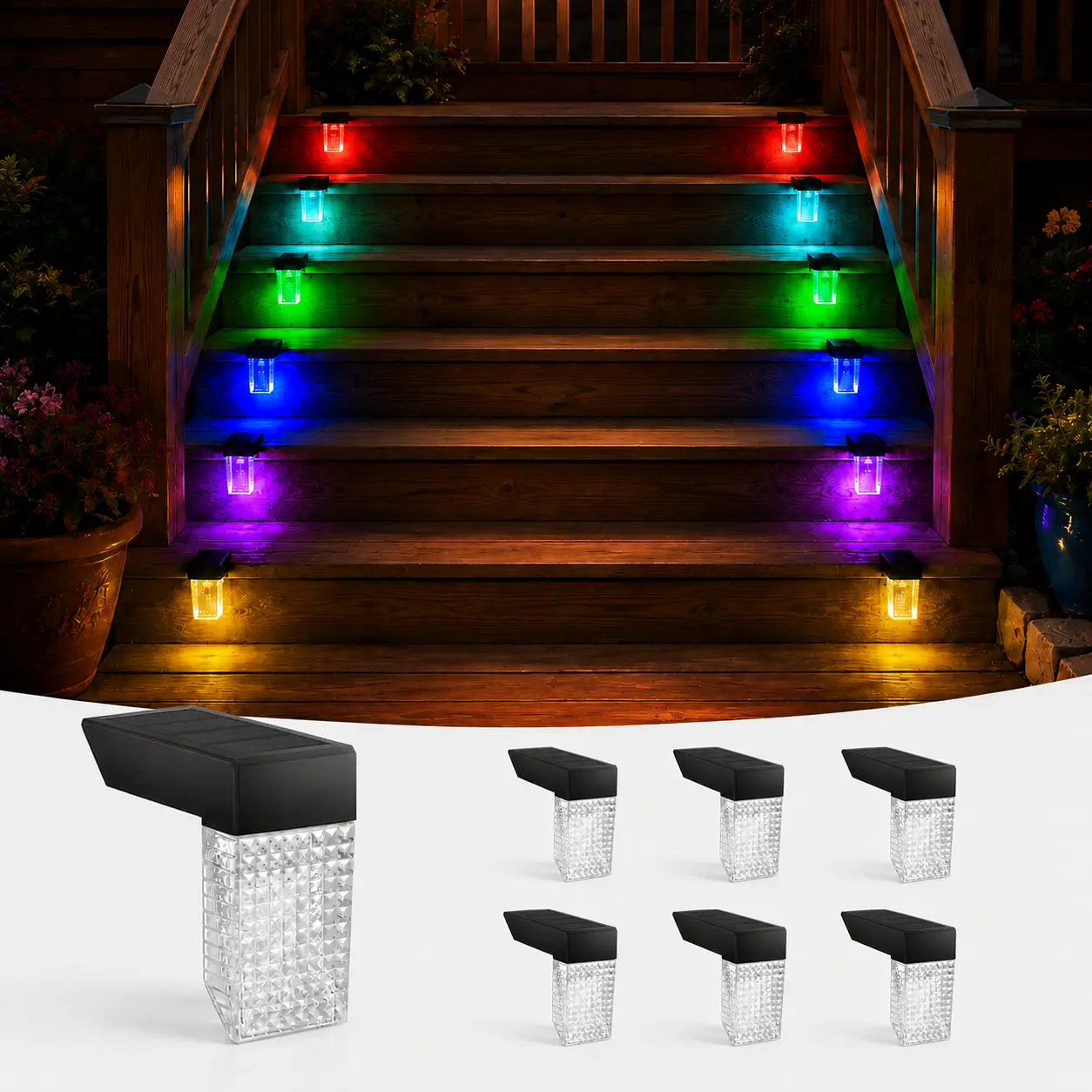 T-TINGRAN Warm & RGB Solar Step Lights, Waterproof Crystal Deck Lights with Angled Mount for Stairs and Fence Top, Decorative Garden Lights, Outdoor Landscape Lights