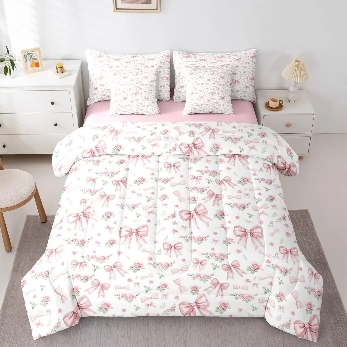 Feelyou 7-Piece Pink Bow Floral Bedding Set for Teen Girls - Girly Printed Bedsheets, Breathable Linens, Comfy Blanket, Cozy Setup for Valentine's Day, Children's Day, Housewarming (Bedding Sets Collections), Bedsheet Sets, Soft Comfy Blanket