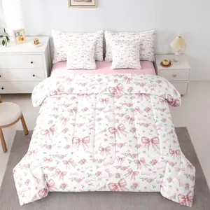Feelyou 7-Piece Pink Bow Bedding Set for Teen Girls, Girly Rose Floral Bow Comforter Set with Soft Breathable Sheets, Rose Flower Blanket Bed-in-a-Bag Collection