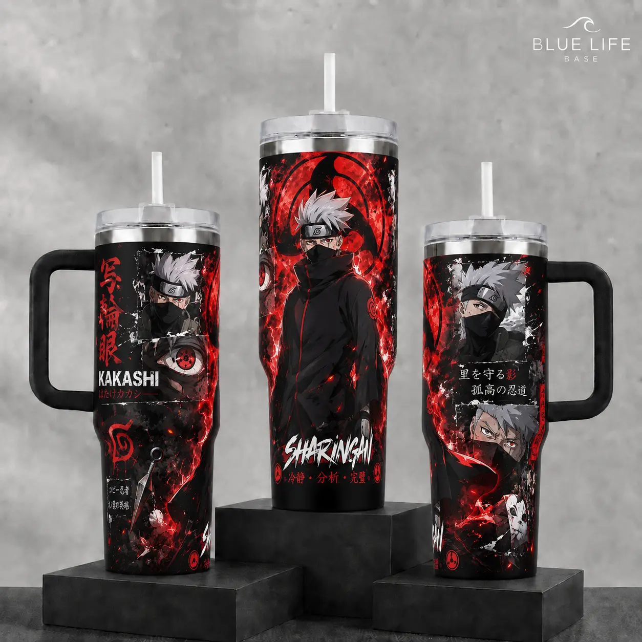 Kakashi Hatake "Sharingan" Tumbler, 20oz & 40oz Insulated Travel Mug with Handle. NRT Anime Art Cup, Intense Red Eye Ninja Design, Perfect Gift for Naruto Fans and Anime Collectors