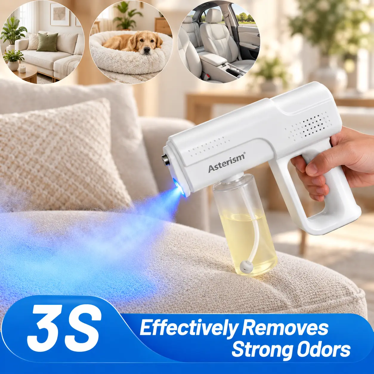 Blue Light Anti-Mite Probiotic Odor Eliminator Spray Gun Kit with 4 Refills, Bio-Enzyme Pet-Friendly Cleaner, Breaks Down Pet Urine, Safe if Licked, Deodorizes Smoke & Toilet Odors