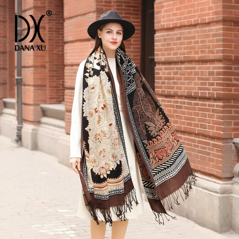 DANA XU 100% Merino Wool Extra Large Pashmina Blanket Travel chunky Scarf Cashmere Wrap for Women Fall Winter Oversize Shawl Floral poncho Open Front Warmth
