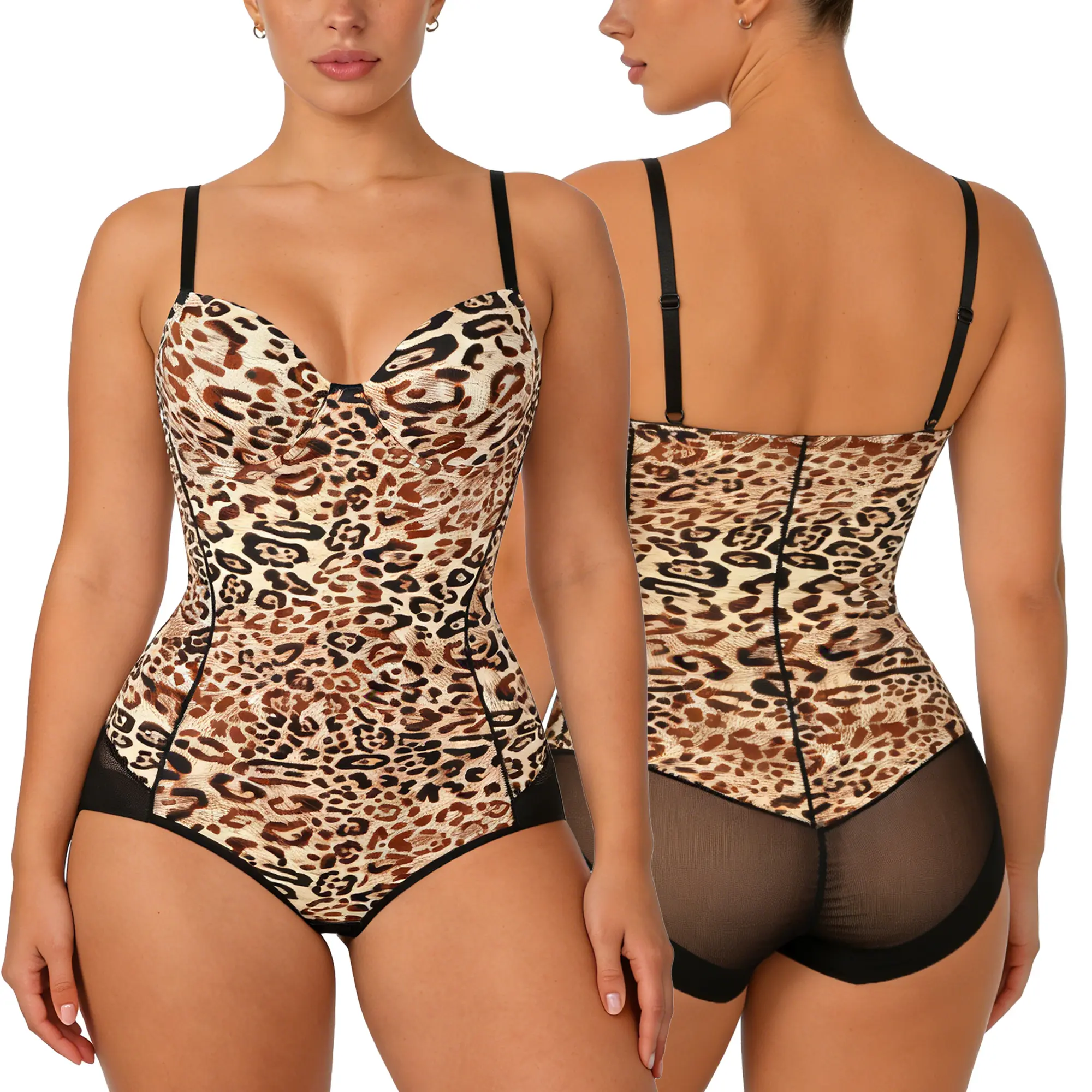 Shapewear Bodysuit for Women, Leopard Print V-Neck Cami with Tummy Control, Butt Lifting, and Built-in Bra, Lightweight Nylon Blend, Foldable, Spandex, S, S/M/L/Xl