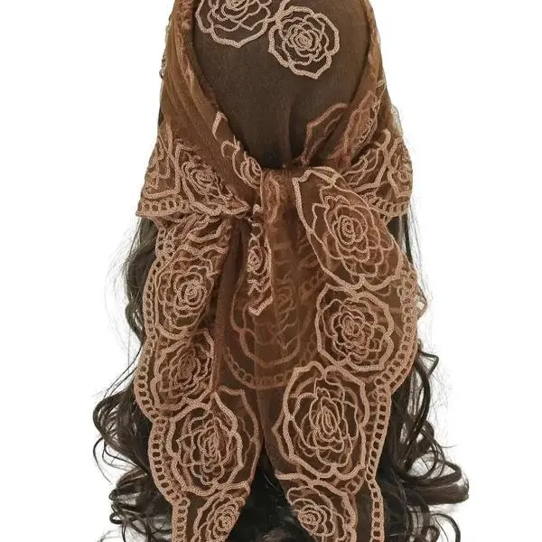 Floral Mesh Scallop Design Bandana, Boho Style Floral Embroidered Scarf, Women's Scarf for All Seasons, Fashion Accessories for Women & Girls, Boho Style Shawl