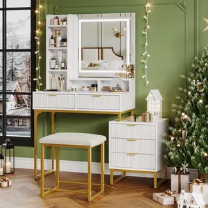 Makeup Vanity Set, Lighted Mirror Vanity, Modern Vanity Table, White & Gold Vanity, Gold Stool, Side Storage Cabinet, Storage Shelves, Drawers, Small Vanity Desk, Bedroom Vanity