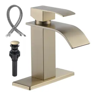 WOWOW Brushed Gold Waterfall Bathroom Faucet - Single Handle Bathroom Sink Faucet Mixer Tap Lavatory Vanity Sink Faucet with Deck Plate and Pop Up Drain, 1 or 3 Hole