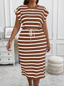 【plus size】 striped print dress, casual round neck short sleeve dress for spring & fall, women's clothes for daily wear, summer plus size dresses, womenswear, tops