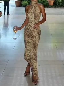 Women's Leopard Print Backless Sundress, Halter Sleeveless Dress, Sexy Hollow Out Design, Asymmetrical Cut-Out Long Dress for Party & Beachwear