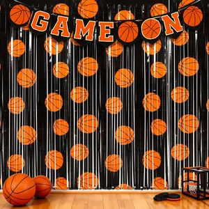 2 Pack Basketball Party Decorations 3.3 x 6.6 ft Basketball Foil Fringe Curtains Black and Orange Photo Backdrop for  Party Birthday Race Day