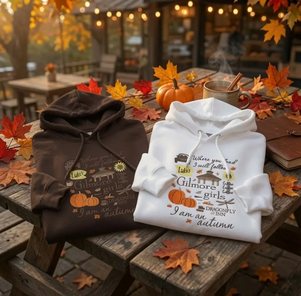 Gilmore Girls Collage Embroidered Crewneck, Stars Hollow Fall Apparel, Cozy Autumn Top