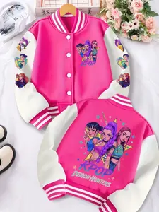 Girls' Kpop Demon Hunters Cartoon Baseball Jacket, Spring & Fall Outdoor Warm Short Coat, Casual Comfortable Trendy Outerwear, Casual Comfy Jacket