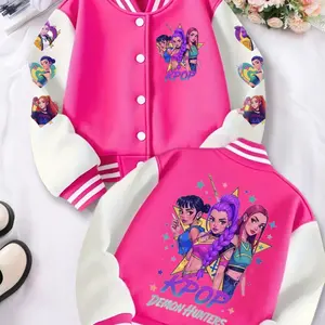 Girls' Kpop Demon Hunters Cartoon Baseball Jacket, Spring & Fall Outdoor Warm Short Coat, Casual Comfortable Trendy Outerwear, Casual Comfy Jacket
