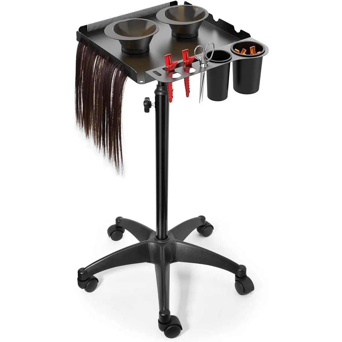 Salon Rolling Cart With 2  Bowls, Height Adjustable Metal  Tray  Wheels for Hair Stylist, Extension Tool,  - Stickless Wheels