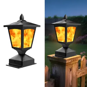 Solar Post Cap Lights for 4x4 Fence, Flickering Flame LED, Waterproof Deck & Garden Lighting, Black