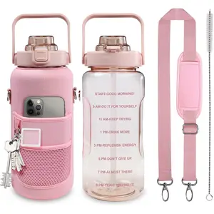 Half Gallon Water Bottle with Sleeve, 64OZ Motivational Water Bottle with Straw & Time Marker, BPA Free Leakproof Gym for Sport Workout