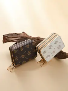 Change Bag Ladies PU Card Bag Double Zipper Organ Multi-Card Retro Trend Printed Change Bag
