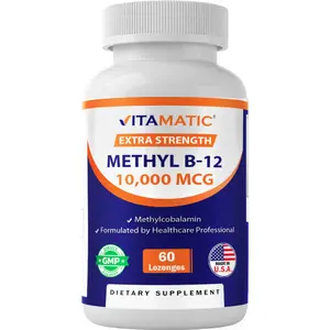 Vitamatic Methyl B12 (Methylcobalamin) 10,000 mcg Dietary Daily Supplement - 60 Lozenges, Gluten-Free US Energy Support, Superior Vitamin B12 Source