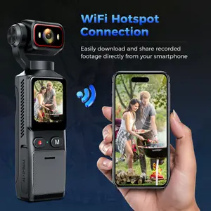 Portable handheld camera, pocket-sized with WiFi video transmission, featuring a 4K Ultra HD lens, equipped with a six-axis gyro image stabilization system, a 1.69-inch HD touchscreen, and Wi-Fi hotspot functionality.
