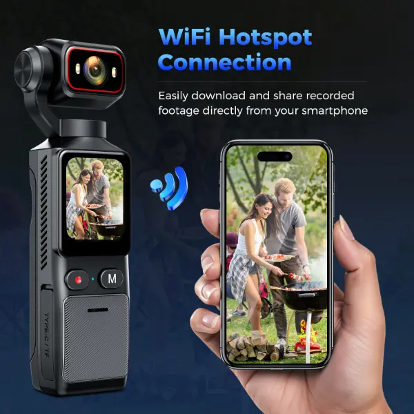 Portable handheld camera, pocket-sized with WiFi video transmission, featuring a 4K Ultra HD lens, equipped with a six-axis gyro image stabilization system, a 1.69-inch HD touchscreen, and Wi-Fi hotspot functionality.