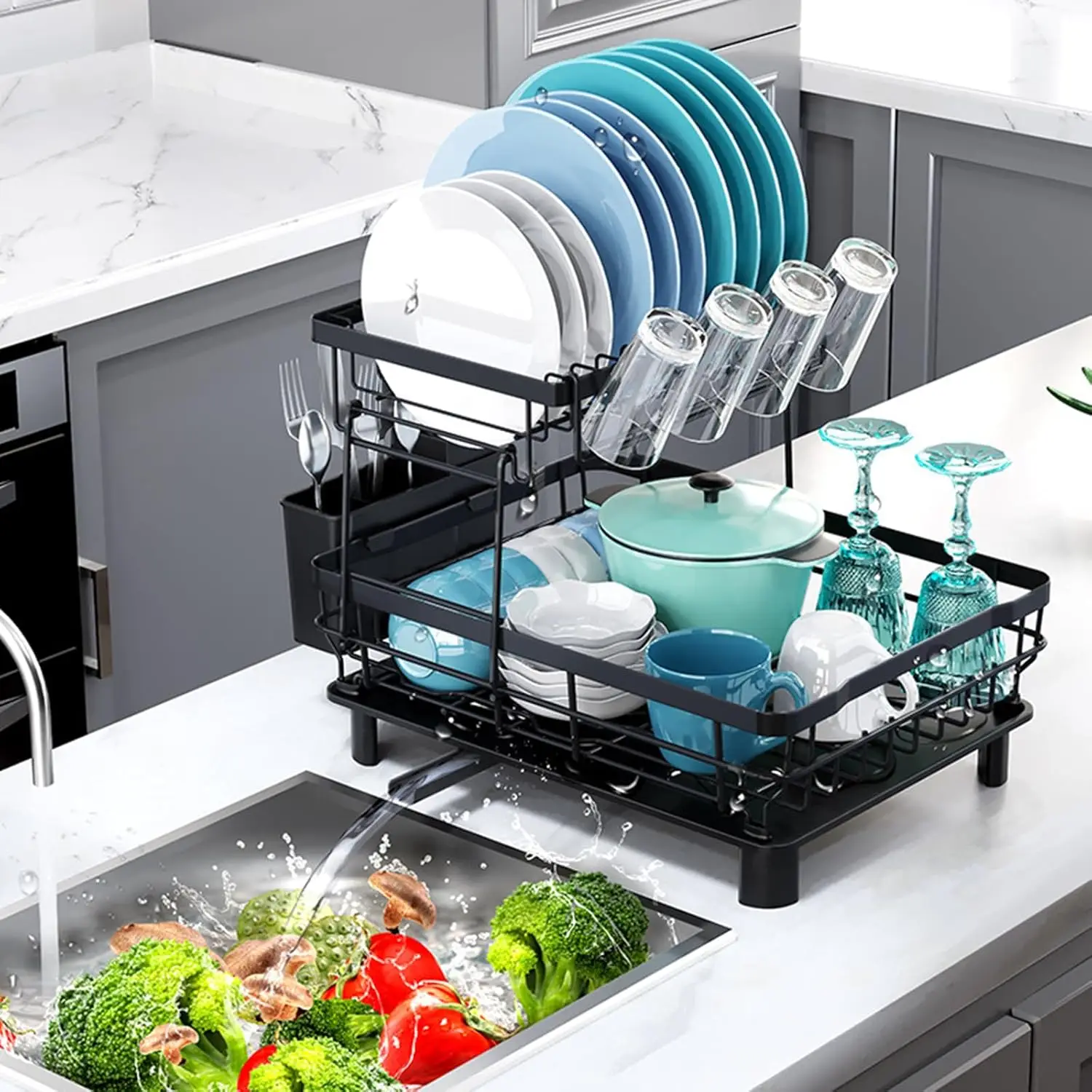 2 Tier Dish Drying Rack with Drainboard Iron Dish Drainers Kitchen Counter Sink with Adjustable Spout Utensil Holder Knife Slots dish dryer rack Rustp