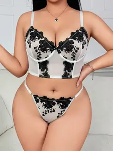 French Velour Floral Print Plus Size Lingerie Set, High Elastic Breathable Mesh Patchwork, Sexy Fitted Bra Set, All Seasons, Elegant