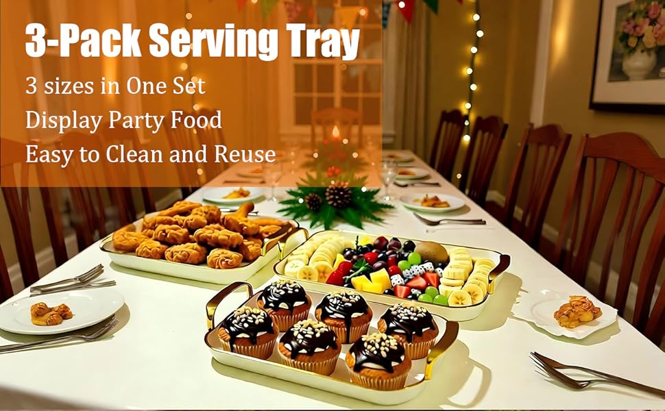 3 Pack Serving Tray with Handles Stackable Reusable Trays for Serving Plastic Food Plates Serving Platter  for birthday Party potluck Charcuterie Fruit  BBQ snack cake Pool snacktray Turkey Appetizer Tray Mother's day gift  Hosting Essentials BPA Free sum