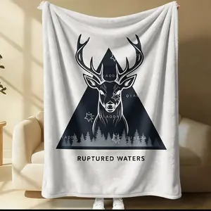 Minimalist Deer Head & Pine Tree Triangle Print Flannel Blanket, Rustic "Ruptured Waters" Collage Throw Blanket, Cozy Soft Warm Blanket for Bed & Couch, Nature-Inspired Gift Blanket for Outdoor & Wilderness Style Enthusiasts