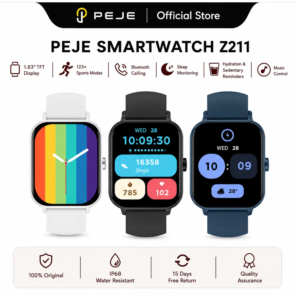 PEJE Z211  Smart Watch, 1.83-in Touch Screen Wearable Device with Bluetooth Call, AI Voice Assistant, 123 Sports Modes, Heart Rate Monitoring, Hydration Reminder, Sleep Tracking, IP68 Water Resistance for iOS & Android,work