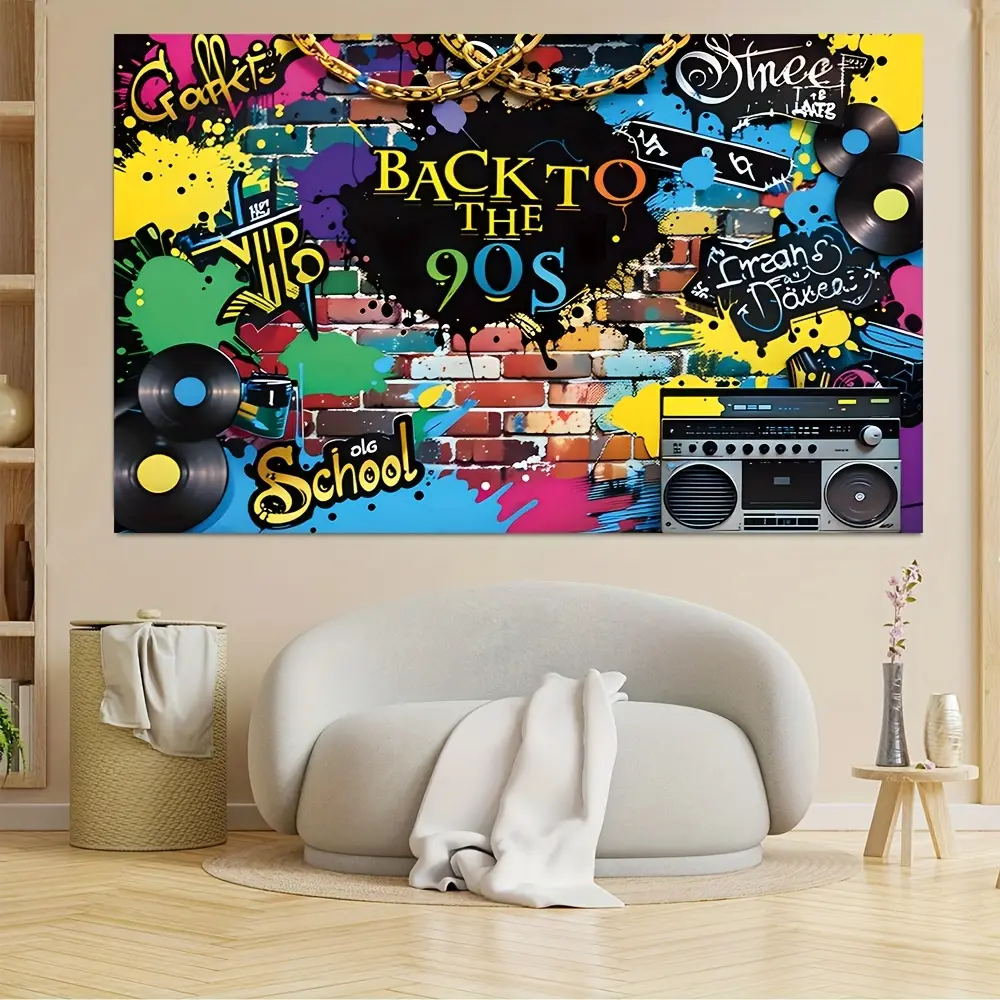 90's Retro Graffiti Wall Vinyl Backdrop - Record Player Design, "Back to the 90's" Text, Vibrant Paint Splashes, Party Decoration Supplies for Birthday Photography