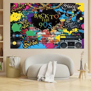 90's Retro Graffiti Wall Vinyl Backdrop - Record Player Design, "Back to the 90's" Text, Vibrant Paint Splashes - Party Decoration Supplies for Birthday Photography