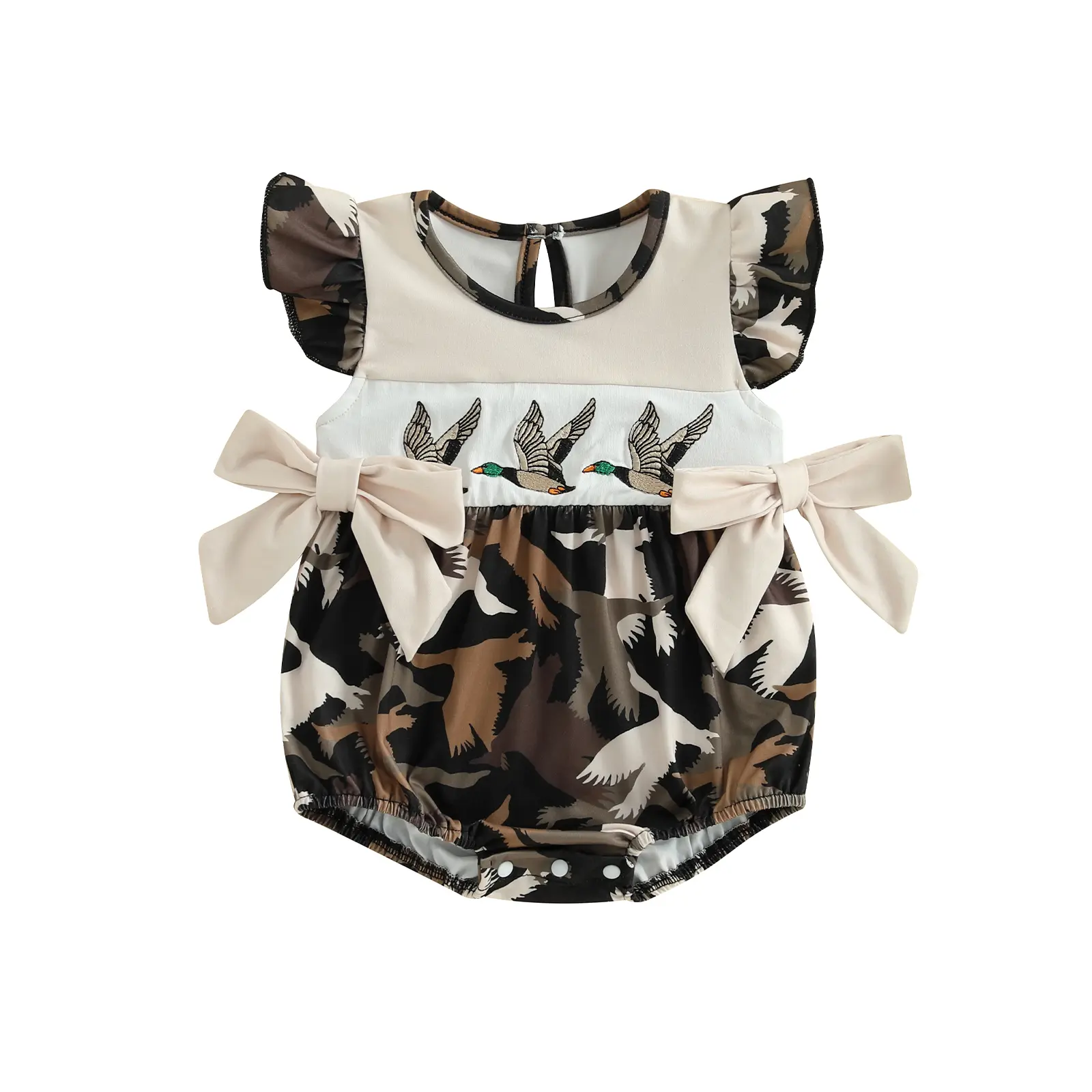 FOCUSNORM Newborn Baby Girl Duck Camo Romper Mallard Duck Onesie Flutter Sleeves Bubble Smocked Bodysuit Summer Hunting Clothes