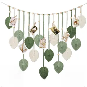 Large Macrame Wall Hanging Boho Handmade Woven Tapestry with Wood Beads Beige Green Chic Leaf Feather Boho Wall Art Decor Macrame Tapestry Wall Decor for Bedroom Living Room Nursery Apartment