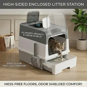 High-Sided Cat Litter Box with Side Entry – Leak-Proof, Anti-Tracking Hooded Litter Pan, Odor Control & Durable Plastic for Mess-Free Floors