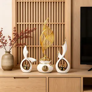 Modern Abstract Ceramic Sculpture Set - Glossy White & Gold Luxury Home Decor Ornaments with Lucky Fortune Bag, Entryway Shelf Table Centerpieces, Housewarming & Wedding Gifts for Living Roombedroom decor home essentialsHome Essentialsbedroom decor