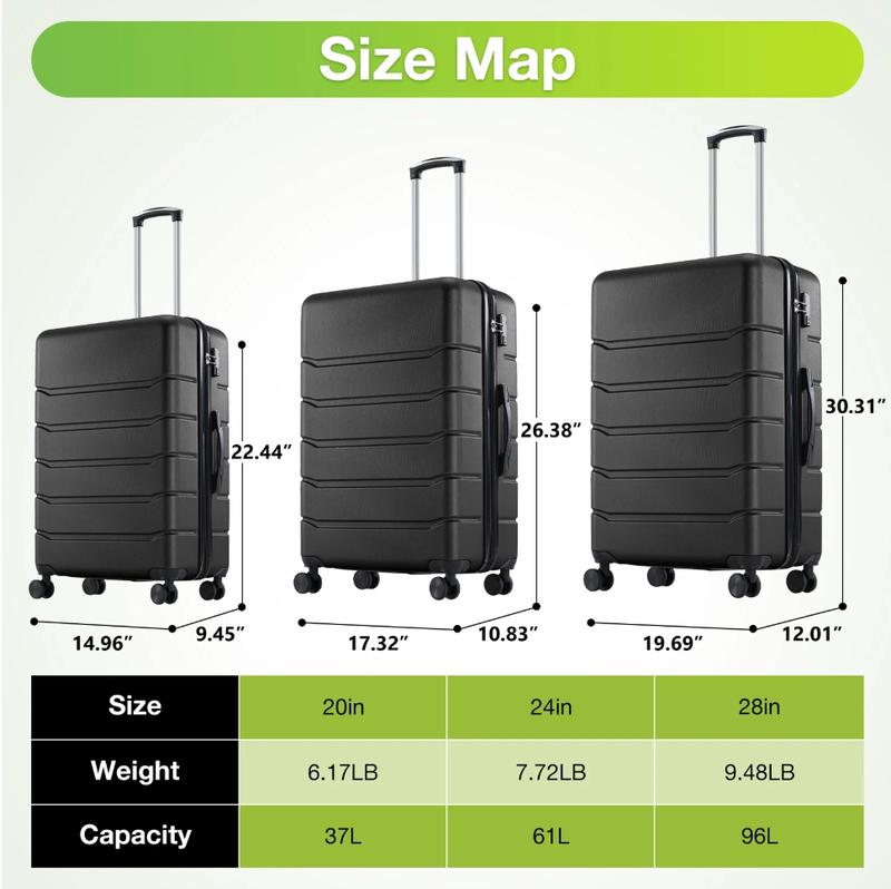 Set of 3 Hardside Luggage, Expandable Rolling Luggage with TSA Lock and Spinner Wheels, Black