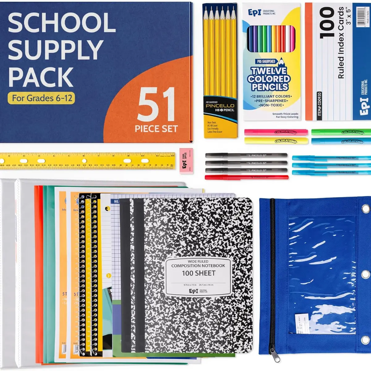 Essentials Back to School Supplies for Kids 6th-12th Grade – 51 Items in Kit – Middle to High School Supply Packs – College-Ruled Bundle with Composition Notebooks – Suitable for Homeschooling