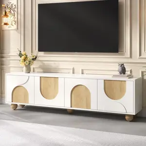 Farmhouse TV Stand with Cable Holes for TVs up to 75", Cream Style Media Console with Rebound Device, Elegant Entertainment Center with 5 Solid Wood Legs for Living Room, Bedroom