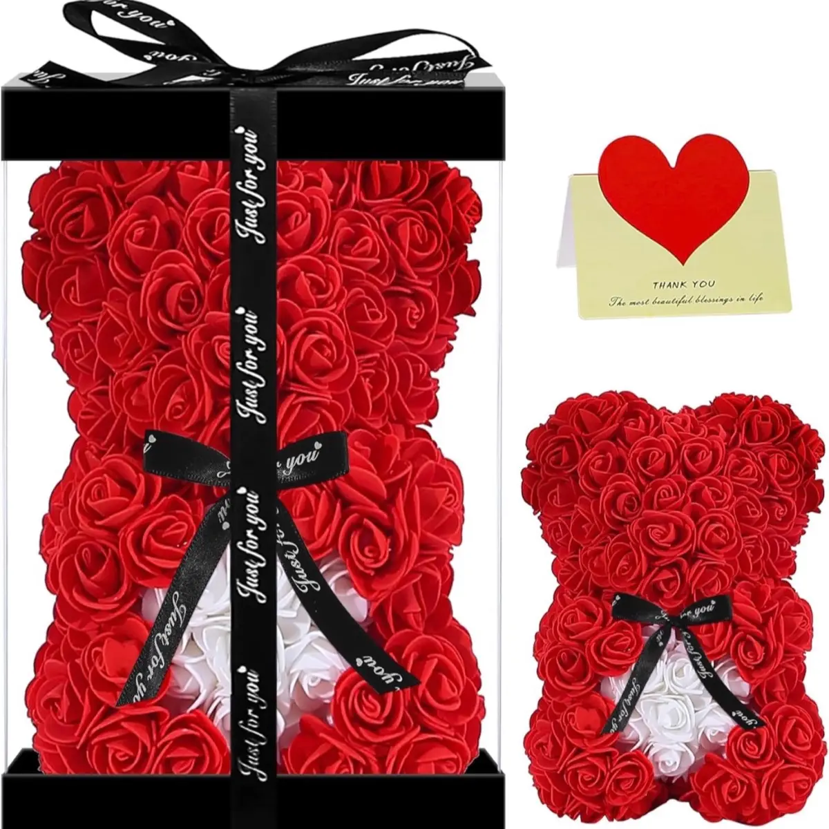 Gift for Mom Women-Rose Cute Bear - Rose Adorable Teddy Artificial Bear - Best Gift for Valentines Day, Mothers Day, Anniversary, Birthdays - Clear Gift Box Included! 10 Inches Tall