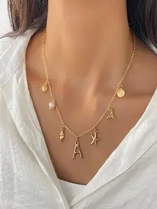 26 Letter Starfish Shell Dolphin Tail Conch Pendant Necklace, Summer Beach Fashion Metal Collarbone Chain, Casual Daily Wear