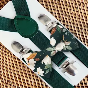 Floral Emerald Bow Tie & Green Suspenders Set
