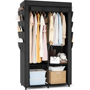 Portable Wardrobe for Hanging Clothes, Covered Portable Wardrobe with 4 Storage Shelves, 2 Hanging Rods, and 8 Side Pockets, Easy to Assemble and Sturdy Freestanding Wardrobe Suitable for Bedrooms, Black