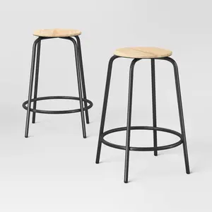 Set of 2 24" Wood with and Metal Base Backless Counter Height Barstool Stool Natural - Room Essentials Set of 2 24" Wood with and Metal Base Backless Counter Height Barstool Stool Natural - Room Essentials