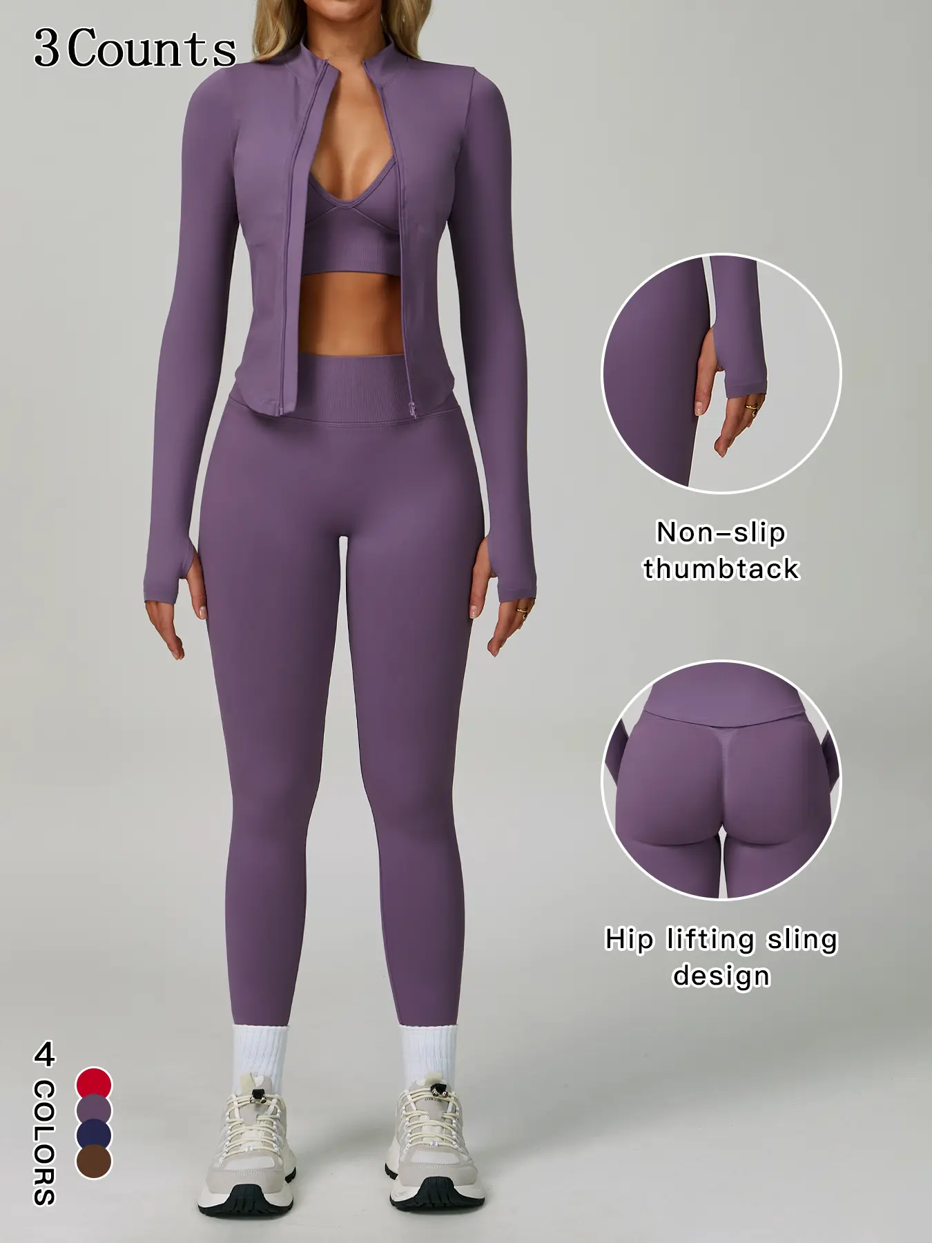 Women's Outdoor Quick-Dry Sports Set, Matching Workout Set, Long Sleeve Jacket & V-Neck Sports Bra & High-Waisted Yoga Pants 3-Piece Set, Solid Sports Sets, Gym Yoga Outfit, Suitable for Running, Fitness, Yoga, Pilates, All Seasons