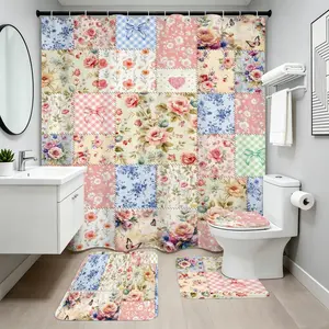 4pcs Set Floral Bathroom Set Shower Curtain Bath Mat Toilet Lid Cover U Shaped Rug Waterproof Quick Dry Bathroom Decor Set Small Flower Print Soft Durable Fabric Elegant Modern Home Bathroom Accessories Cozy Fresh Style Bedroom Bathroom Use