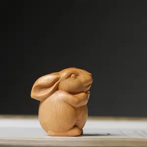 1pc Hand-carved Wooden Little Rabbit Statue Figurine Decoration Item for Indoor Home, Zodiac Rabbit Decorative Piece, Christmas, New Year and Valentine's Day Gift, Creative Animal Home Decoration, Home Decor Ornament - No Electricity Required