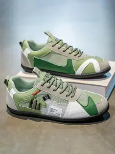 Men's Low Top Sports Shoes, Casual Athletic Sneakers, Olive //gold///cream Color, Lace-Up Casual Style, Comfortable Buffer Design