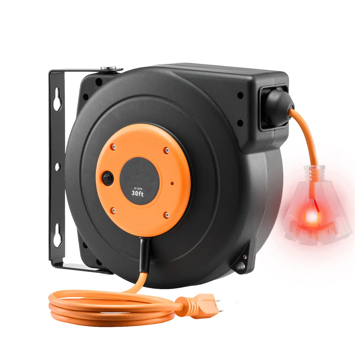 Retractable Extension Cable Reel for Home - 30 FT Heavy-Duty 16AWG/3C Water Resistant SJTOW Power Cord, Lighted Triple Tap Power Outlet, 10 A Circuit Breaker, Ceiling-Wall Mountable for Garage, Outdoor, ETL Listed, Triplet Sockets