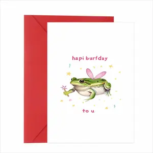 1 Happy Birthday Greeting Card – Adorable fairy frog illustration, playful "hapi burfday" text, whimsical star accents, vibrant watercolor design, high-quality paper. Perfect for quirky, cheerful birthday wishes. Includes 1 red envelope.