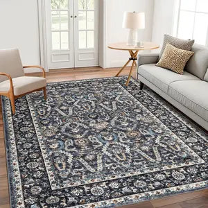GARVEE 6x9 Washable Area Rug with Persian Boho Vintage Design, Ultra-Thin Foldable Low Pile, Non-Shedding, Pet & Family Friendly for Bedroom, Dining Room, Home Office in Blue